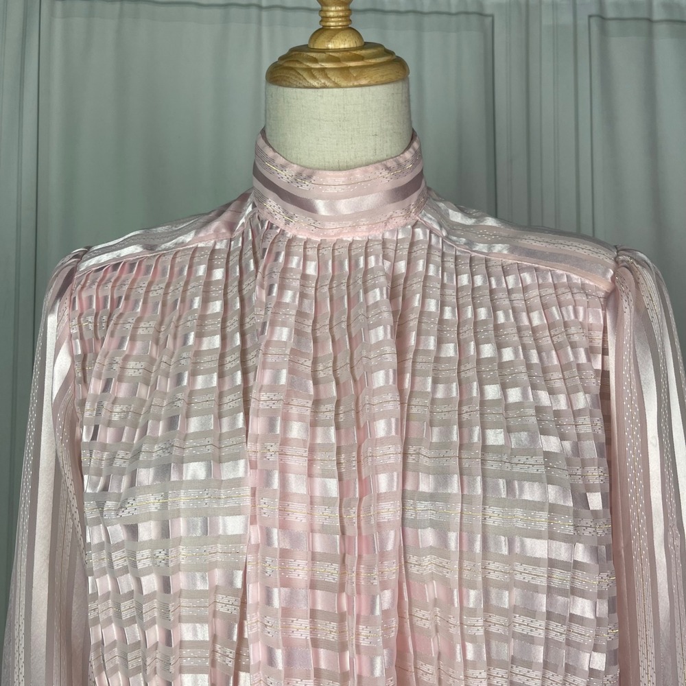 Vintage Nicola - Pink Striped Mock Neck Peplum Top Back Button Blouse - Size 4 - Picture 5 of 16